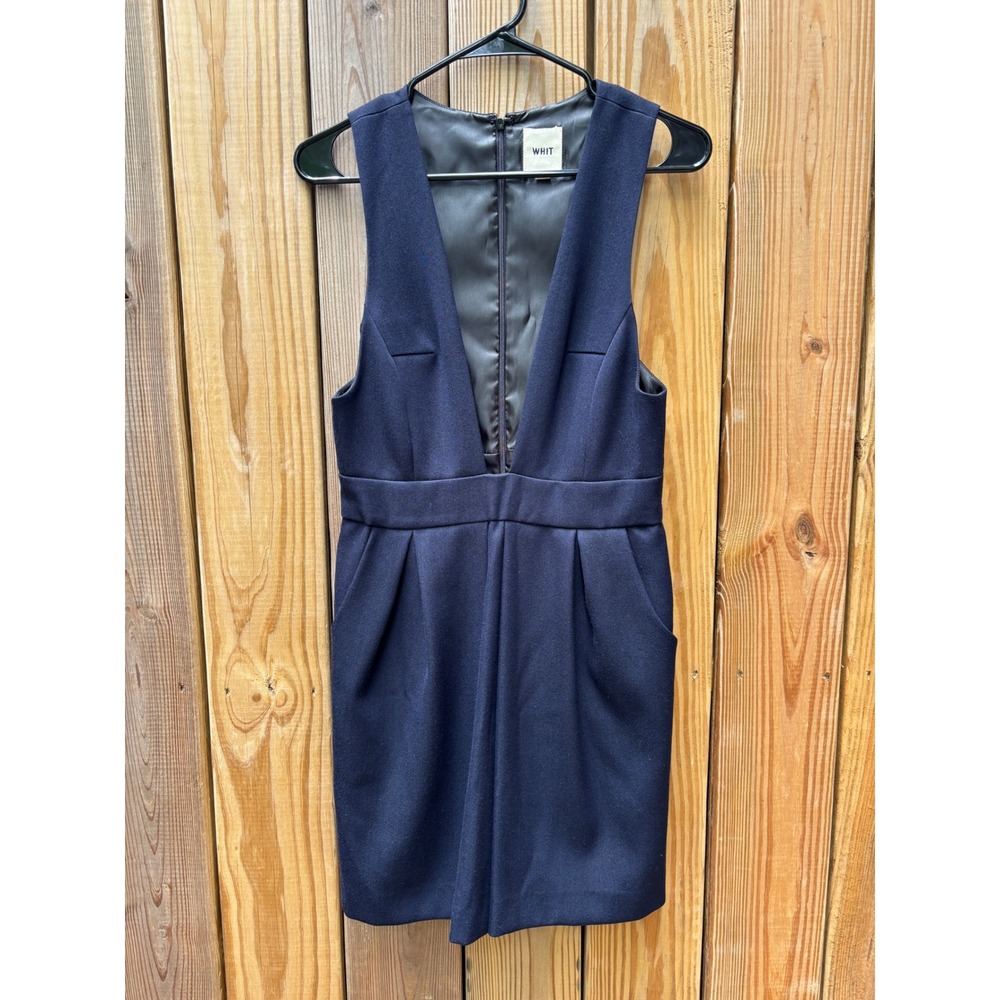 WHIT Navy Blue Wool Blend Deep V-Neck Pleated Jumper Mini Dress‎ Size 6 - Picture 3 of 8